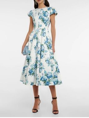 Emilia Wickstead Lecia Blue Floral-Printed Faille Midi Dress, US 2